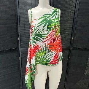 INC International Concepts Green and Coral Leaf Print Top